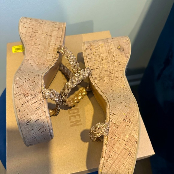 Steve Madden Danya Cork Wedge Sandals Bronze Rhinestone Braided Straps - Picture 6 of 11